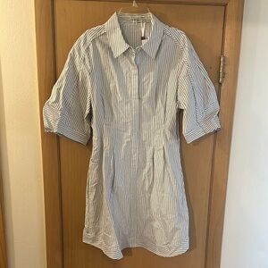 Simkhai Women’s Striped Collared Balloon Sleeve Shirt Dress Blue White New 10